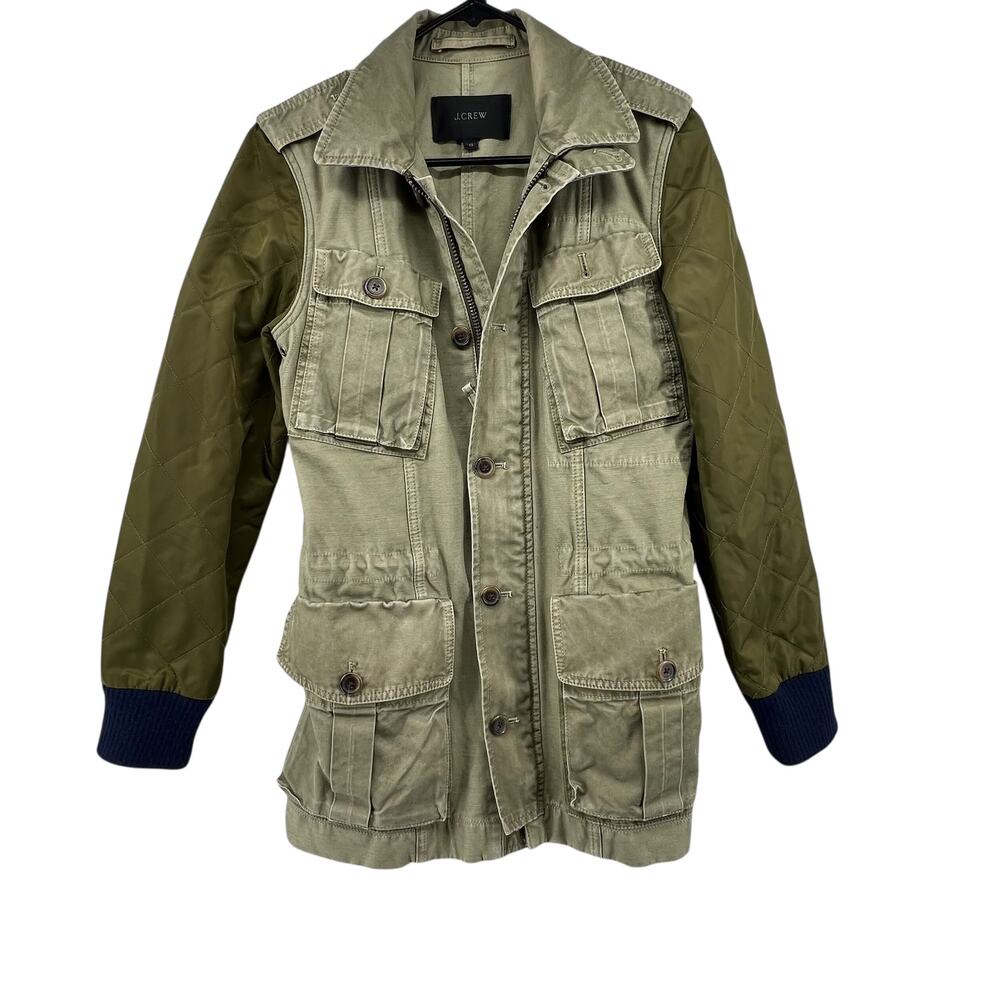 J.Crew Size XS Fatigue Olive Green Denim Jacket Quilted Sleeves Olive Green Coat